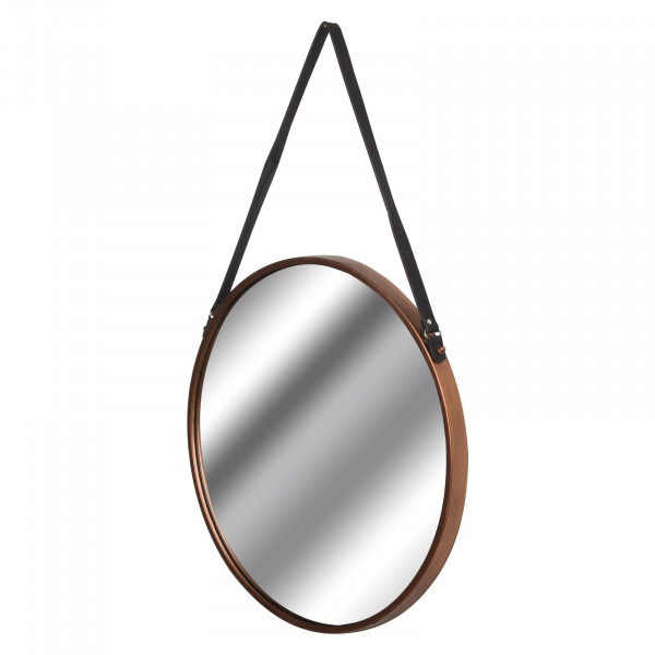 Round Copper Hanging Mirror with Black Strap 