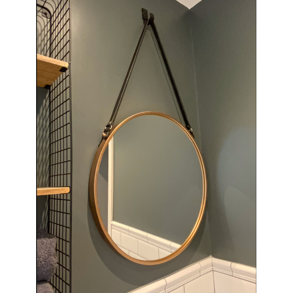 Round Copper Hanging Mirror with Black Strap 